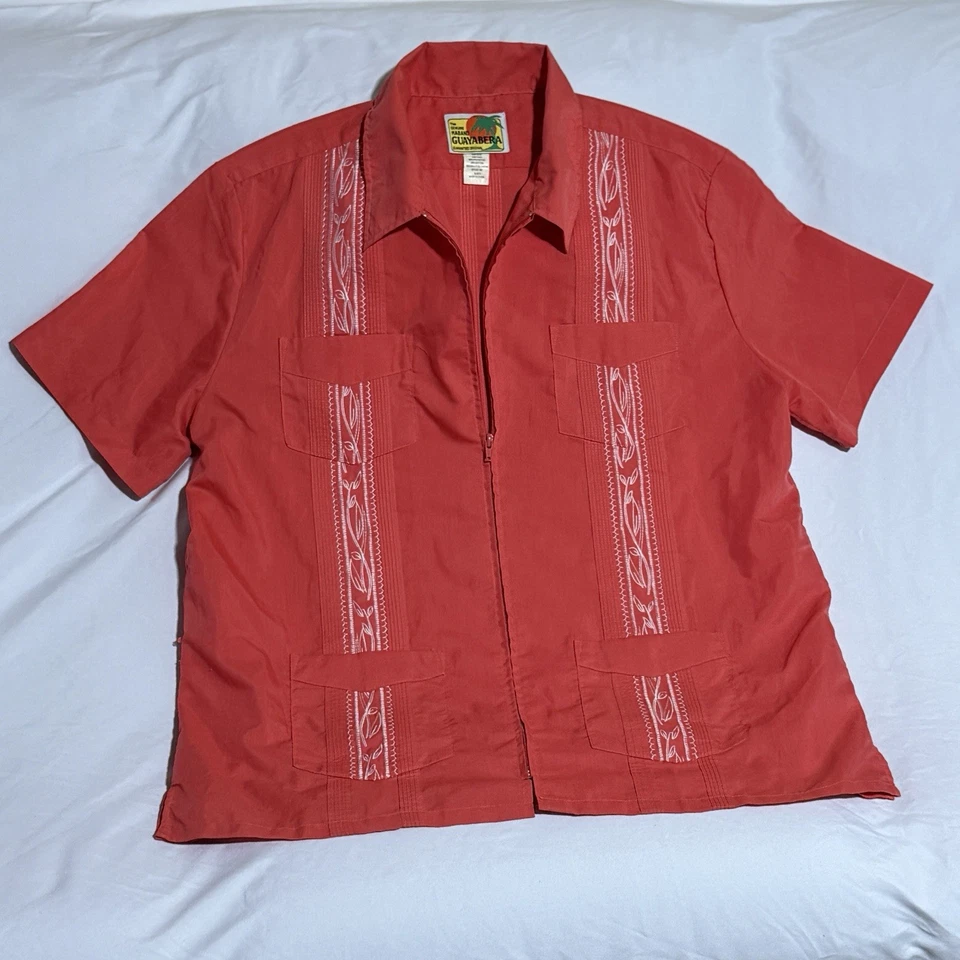 The Genuine Haband Guayabera Shirt (L) Coral Zip Front Embroidered Pockets - Image 2 of 4