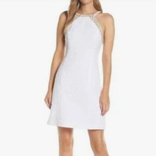 Lilly Pulitzer Caliente Pucker Jacquard White Dress W/ Gold Detail Trim