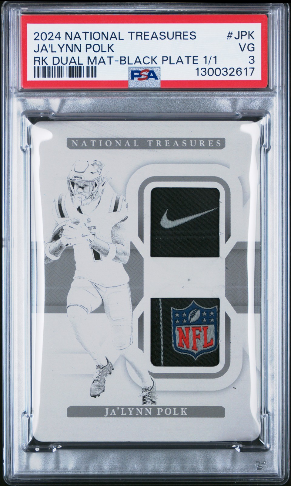 Ja'Lynn Polk Panini National Treasures Rookie Dual Materials #JPK Black Printing Plate 1/1