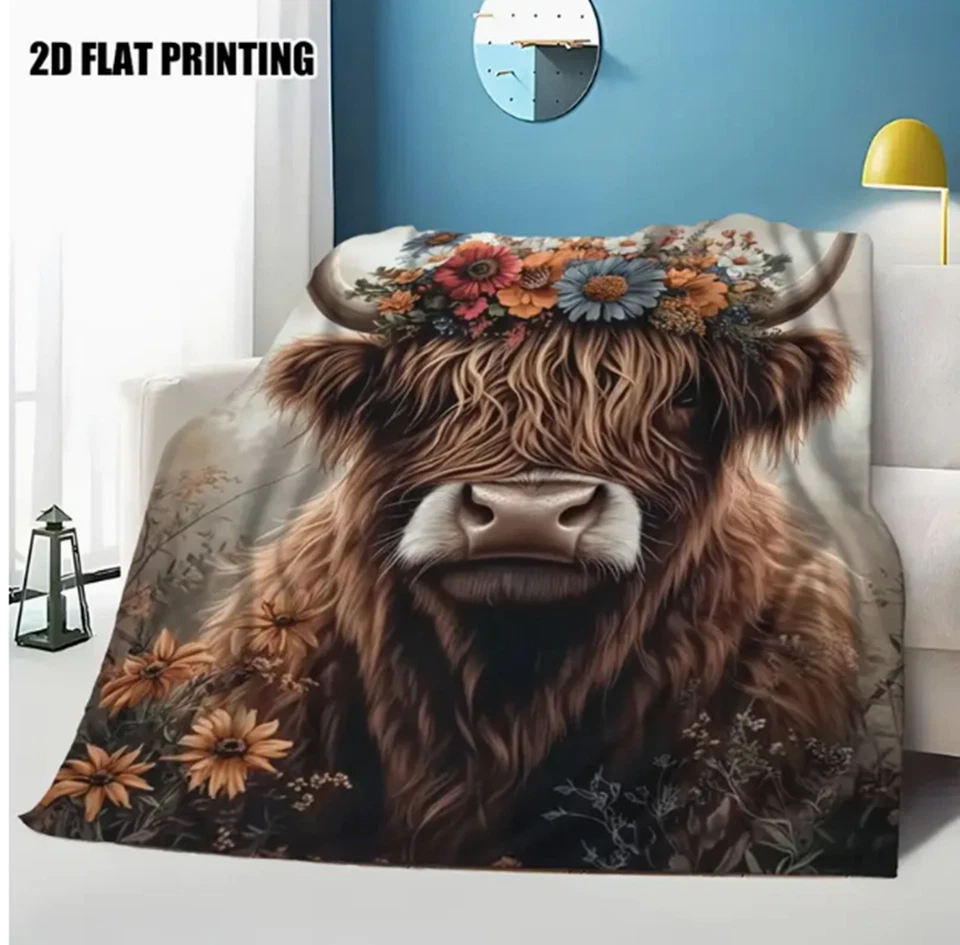 Highland Cow with Wildflowers Print Flannel Throw Blanket - Scottish Cow Blanket - Image 3 of 4