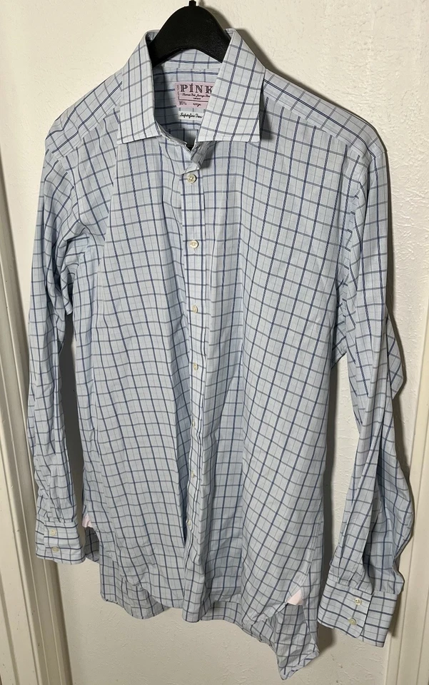 Thomas Pink Cotton Dress Shirt Mens 16.5-36 Plaid Windowpane Made in Ireland - Image 2 of 4