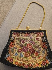 Black Petit Point Needlepoint Embroidered Purse Evening Bag 1950's Hong Kong
