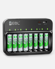 EBL AA AAA 9V Smart Battery Charger with (4* AAA + 4* AA )Rechargeable Batteries