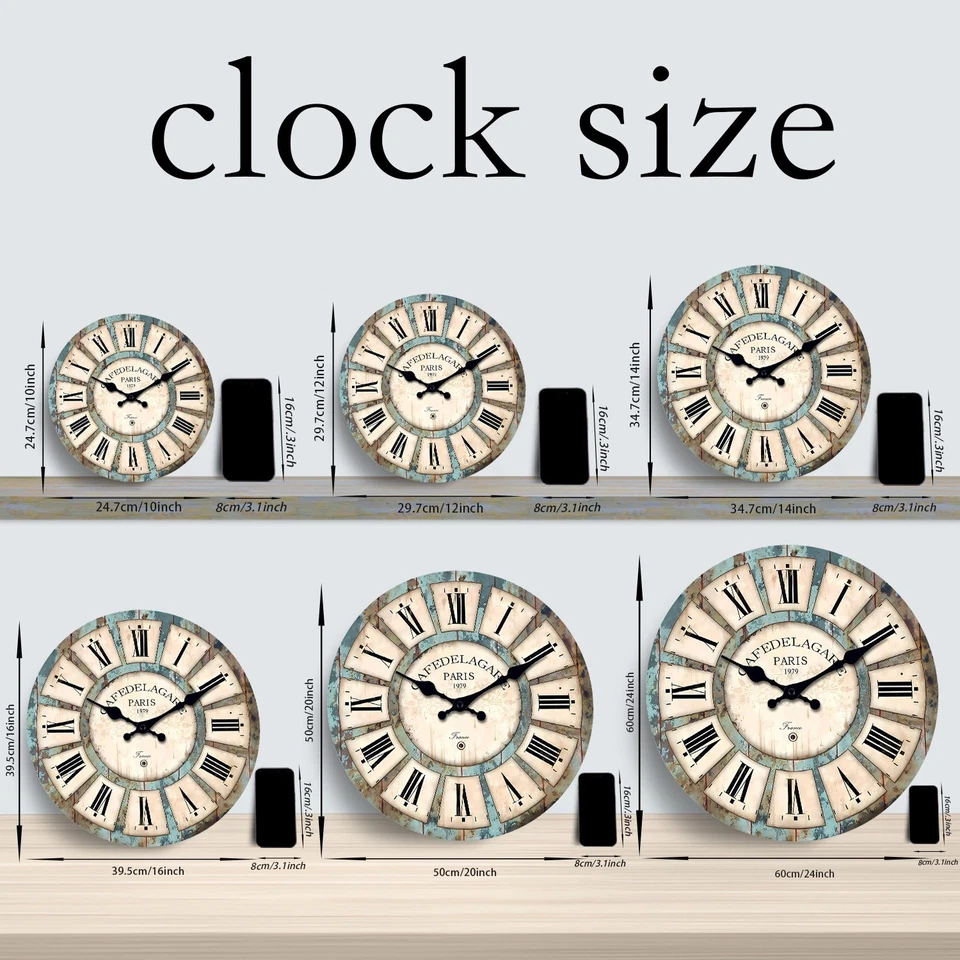 Reloj de pared de madera con número romano vintage, decoración de reloj de cuarzo grande silencioso Foto 3 de 4