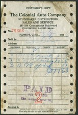 Colonial Auto Studebaker Hartford CT invoice 1926