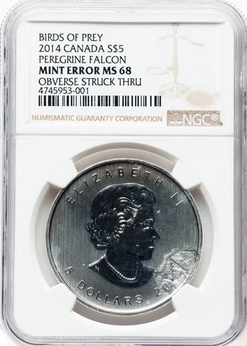2014 Canada $5 1oz Silver NGC MS68 Falcon Obverse Struck Thru Mint Error BOP
