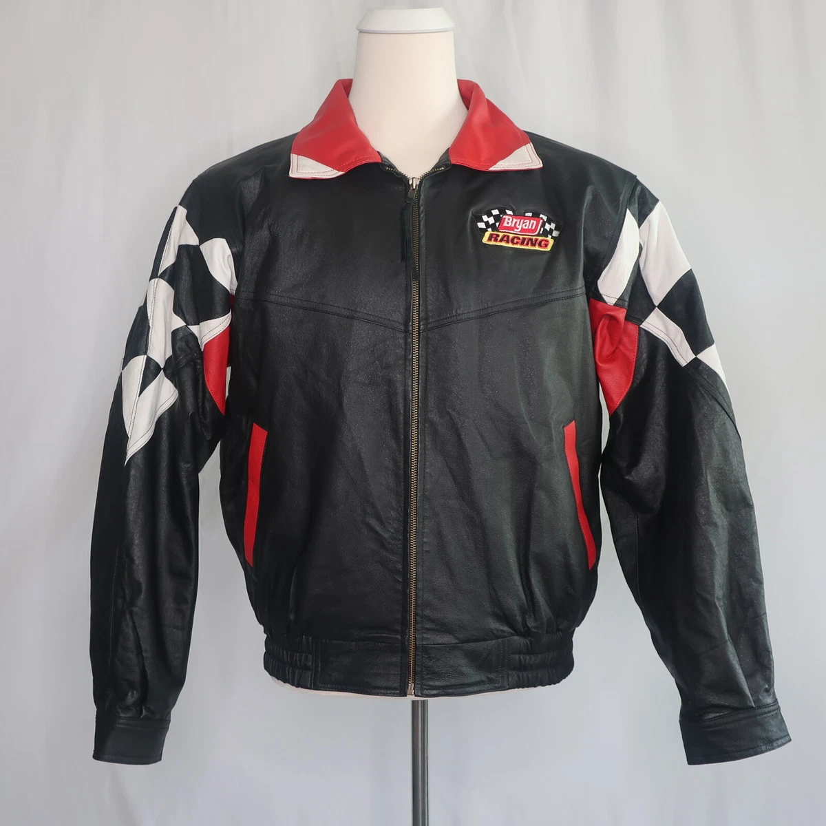 Burk's Bay Bryan Racing Leather Jacket Black White Checkered Flag Auto F2  Mens L