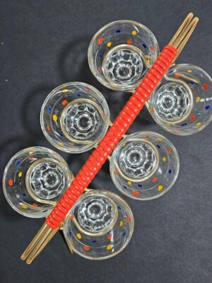 Vintage RUHRGLAS shot glasses & stand, Sword/Hammer mark, Polka Dot design RARE