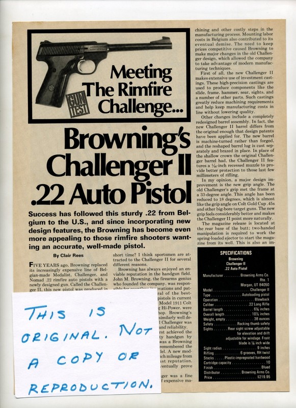 Browning Challenger II Pistol Magazine Article (FREE SHIPPING) 1980s