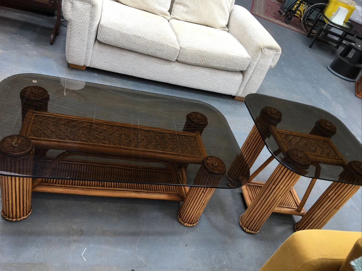 Vintage 1970s Bamboo Column Smoked Bevelled Glass Coffee Table Side Table