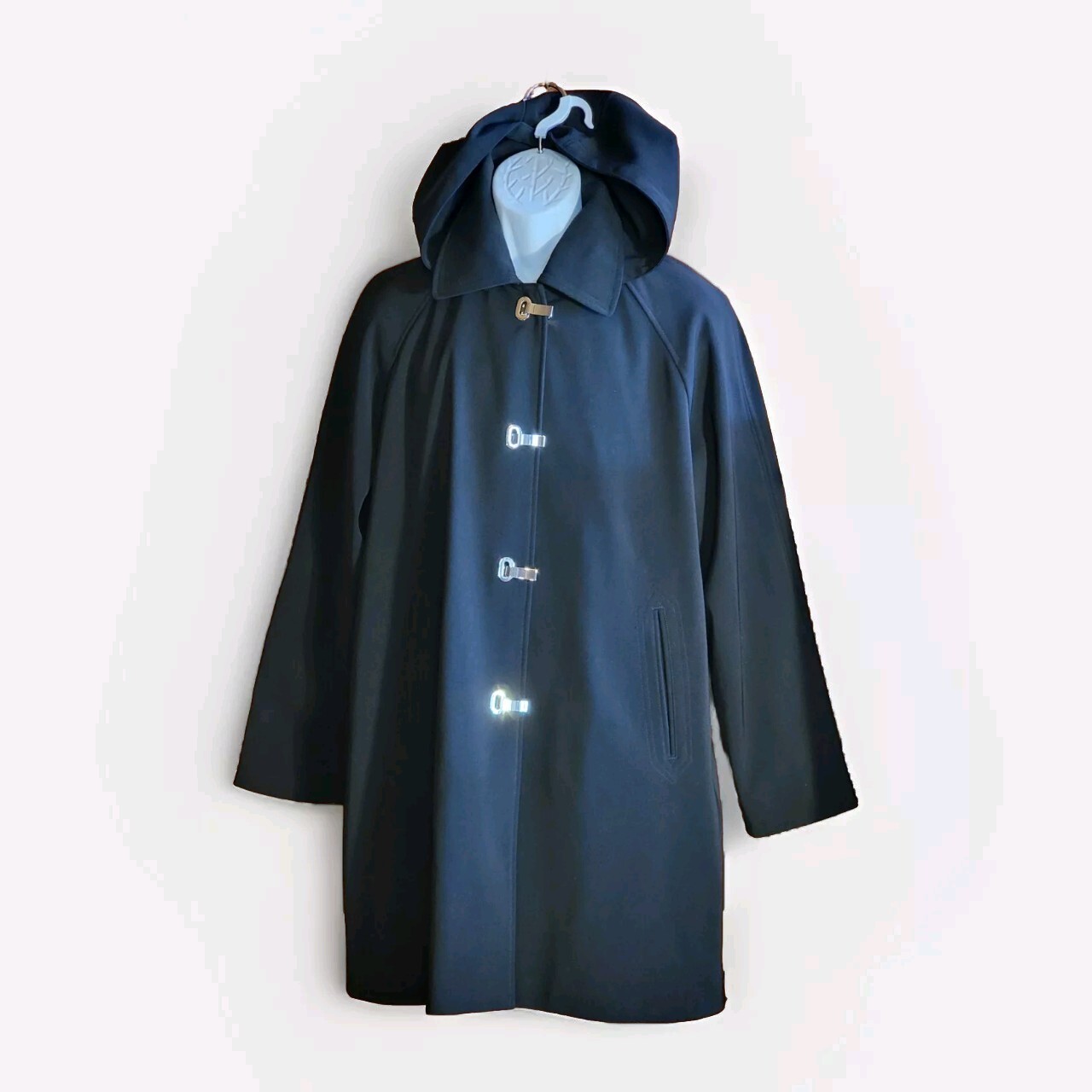 London Fog Black Hooded Trenchcoat with Silver Clasp Front Closures and Lining