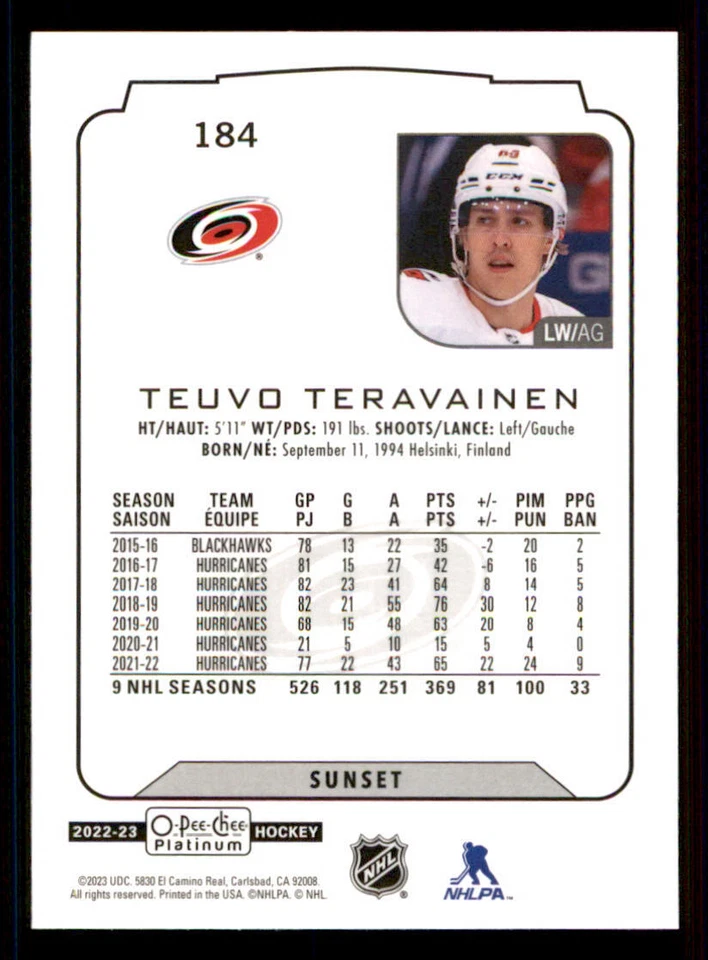 2022-23 O-Pee-Chee Platinum Sunset #184 Teuvo Teravainen - Image 2 of 2