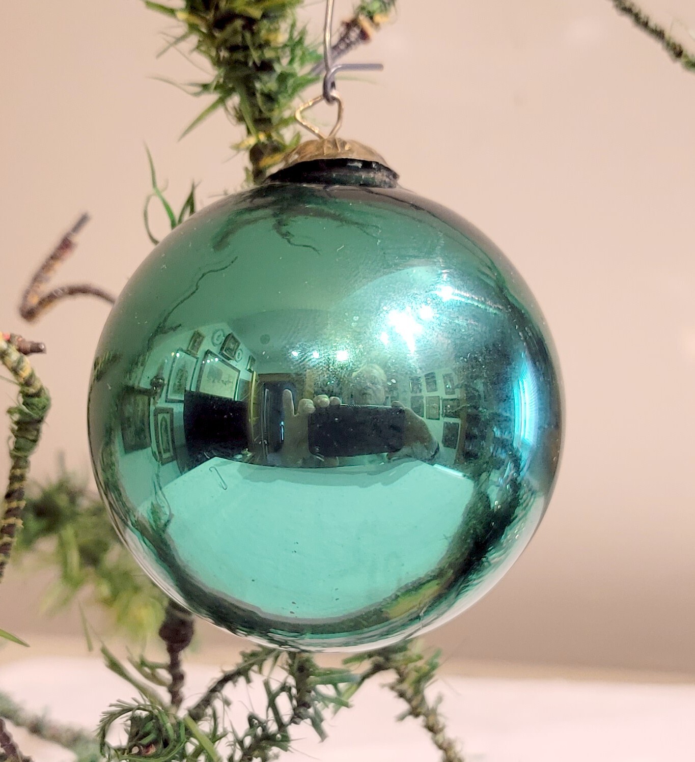 Green glass Kugel Christmas Ornament. Early 1900s heavier French