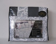 New 6 Piece Luxury 1500 Thread Count Bed Sheet Set Full White Navy Paisley