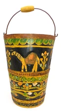 Folk Art Hand Painted and Hand Carved Wooden BUCKET  Primitive Firkin   14" H