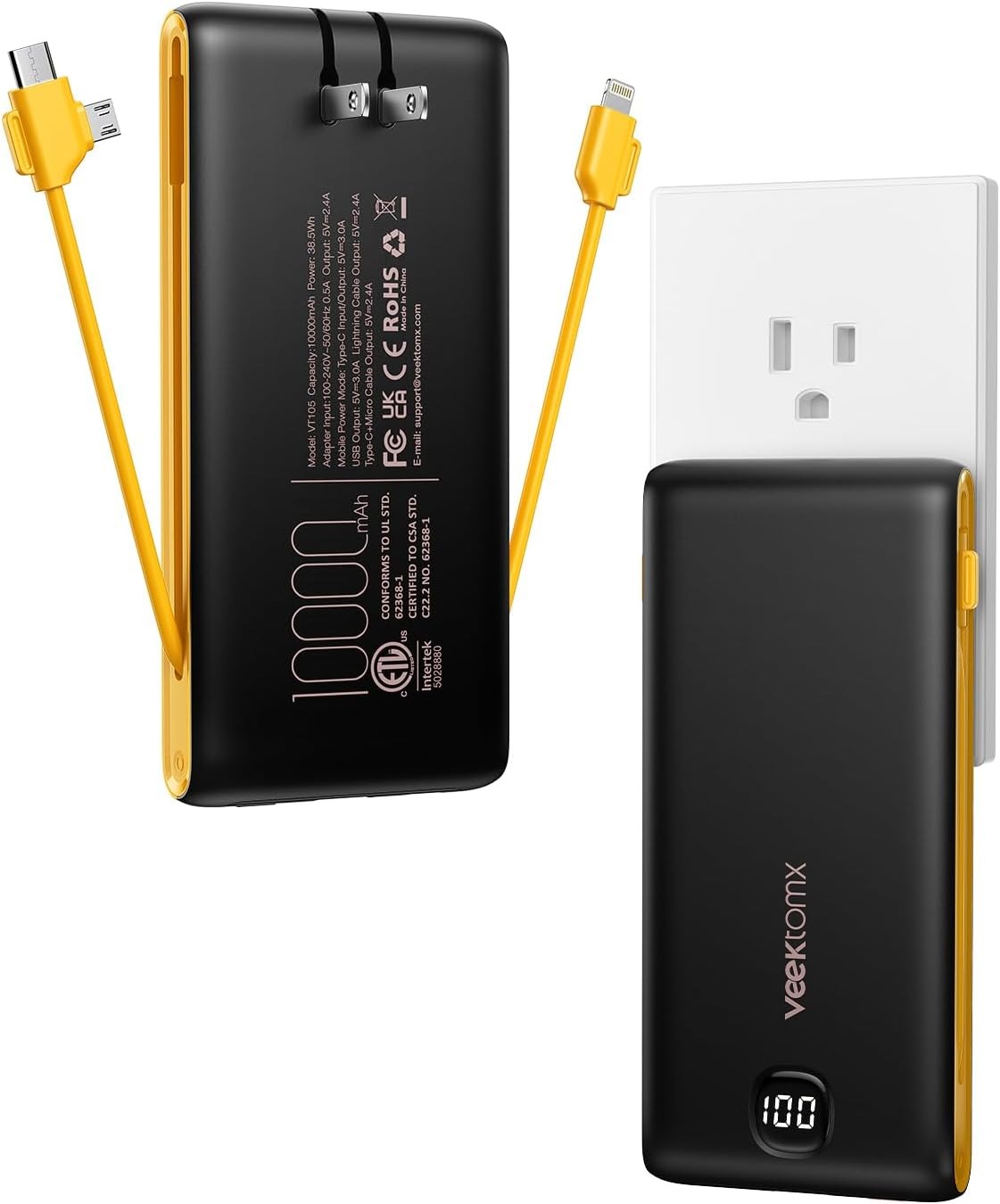 10000mAh Portable Charger with Built-In Cables & Wall Plug for Travel