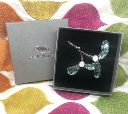 Womens Silver Plated Mistletoe Abalone Shell Brooch Pin Gift Boxed Jewellery - Picture 2 of 2