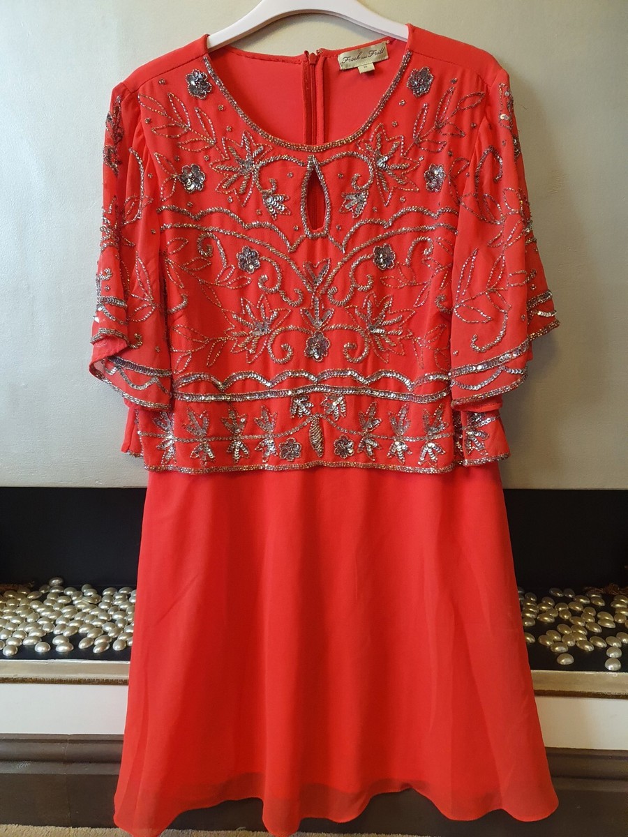 Frock And Frill Embellished Layer Top Skater Prom Dress Deep Coral