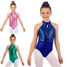 US YiZYiF Girls Sequins Halter Neck Leotard Ballet Dance Bodysuit with Hairband