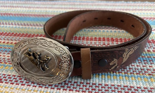 Nocona Boys Oval Buckle Bull Rider Tooled Brown Kids Leather Belt Size 26 GUC