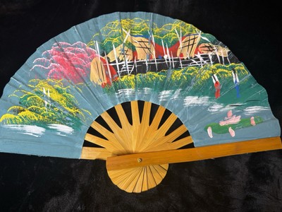 Vintage Large Hand-Painted Asian Wall Fan Bamboo & Fabric Old Decorative Art