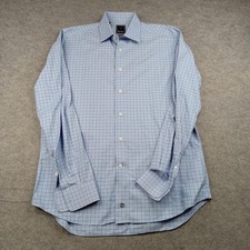David Donahue Dress Shirt Mens 17 36/37 Blue Check Trim Fit Cotton Long Sleeve