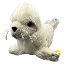 Steiff Robbe Aro Heuler Pl&uuml;sch Stofftier Seehund 27cm Wei&szlig; Knopf Fahne Vintage