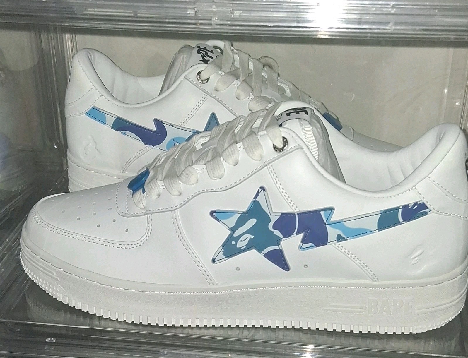 A Bathing Ape Bapesta Blue Camouflage 1170191005 White Leather Men's Sneaker thumbnail 2