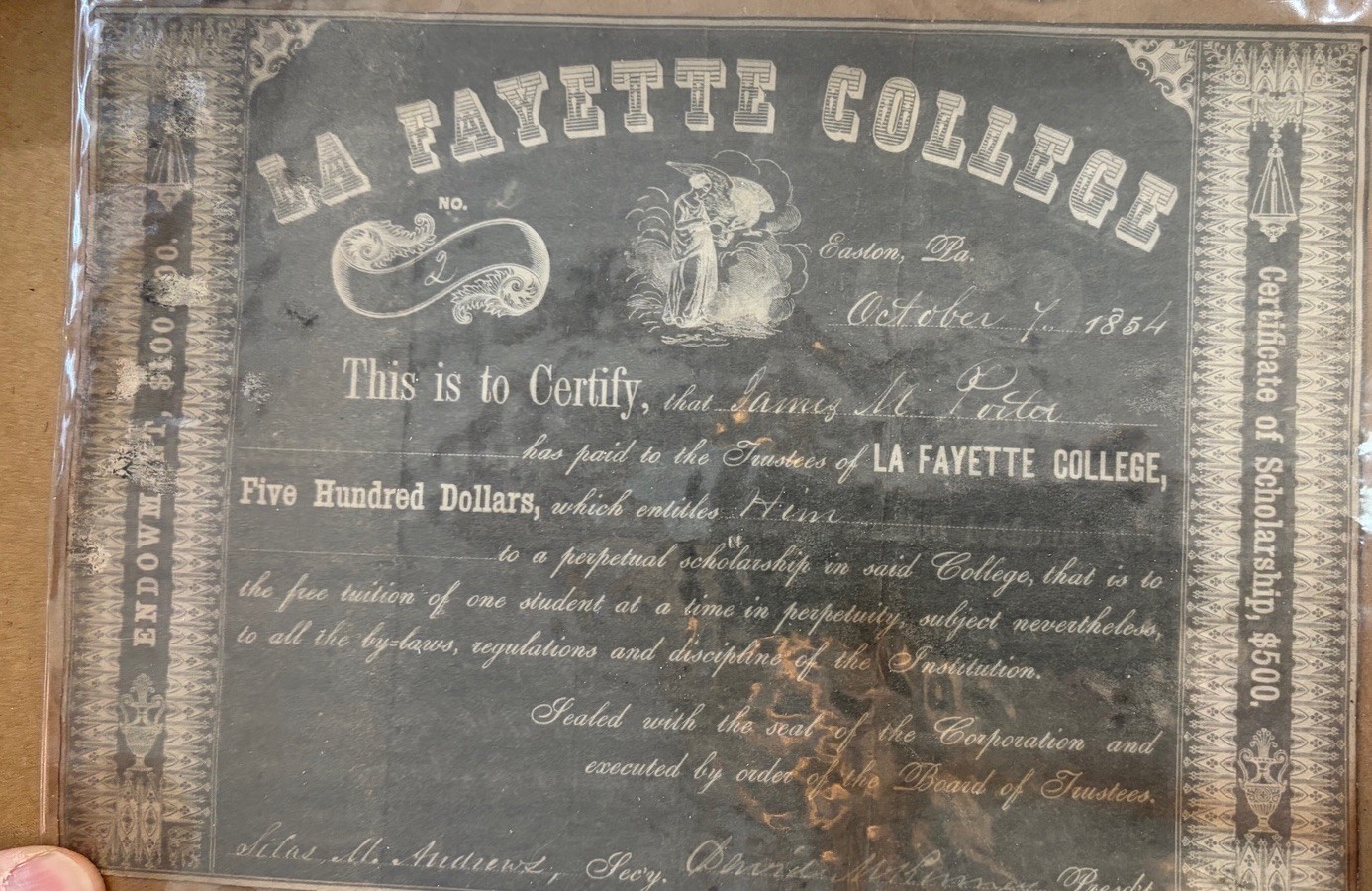 1854 Lafayette College $500 Perpetual Scholarship Endowment Cert. - Easton, Pa