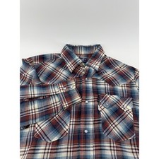 Vintage Levis Tapered Fit Western Pearl Snap Plaid Shirt Blue Red Mens Medium
