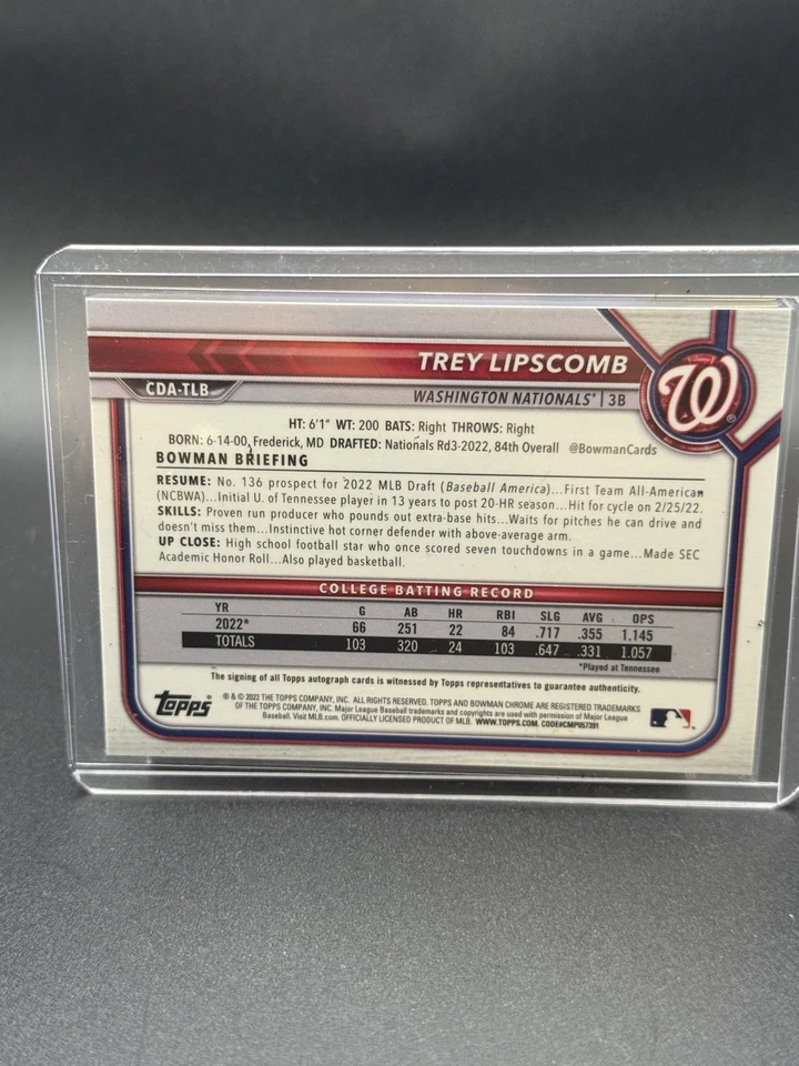 2022 Bowman Draft  Chrome Draft Pick Autographs Trey Lipscomb Gold Refractor /50 - Image 2 of 2