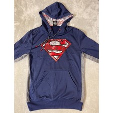 DC Comics Superman Hoodie Mens Small Blue Gray Graphic Fleece Lined Drawstring
