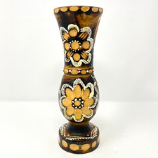 Vintage Hand Turned Carved Painted Wooden Decorative Vase Sculpture 8.5" Flowers