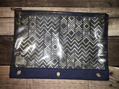 JUSTICE GIRLS BLUE DENIM AZTEC PENCIL CASE GEOMETRIC PATTERN 3 RING PENCIL CASE 