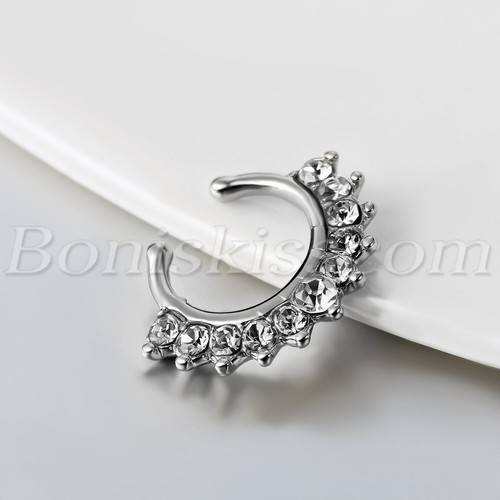 Stainless Steel Rhinestone Clip On Fake Nose Hoop Rings Body Piercing Jewelry - Picture 5 of 12