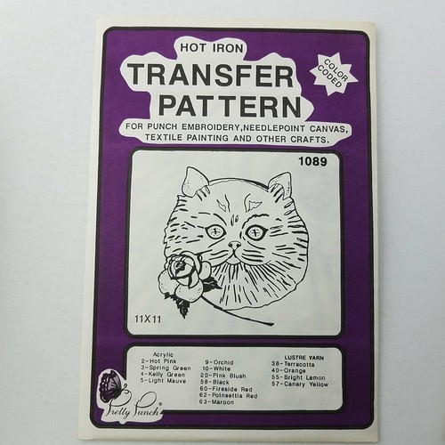 Pretty Punch Hot Iron Color Coded Transfer Pattern #1089 Cat Head With Rose 11x1