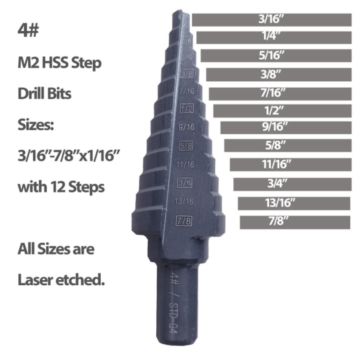 HSS Step Drill Bits 4# Black Oxided M2 with 3/16