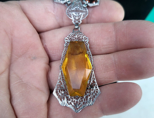 Art Deco Pendant Necklace Rhodium Plated Filigree Prong Set Citrine Glass 1930s - Picture 5 of 23