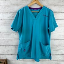 Carhartt Womens Force Scrub Top Medical Solid Pockets V Neck Large Teal Blue