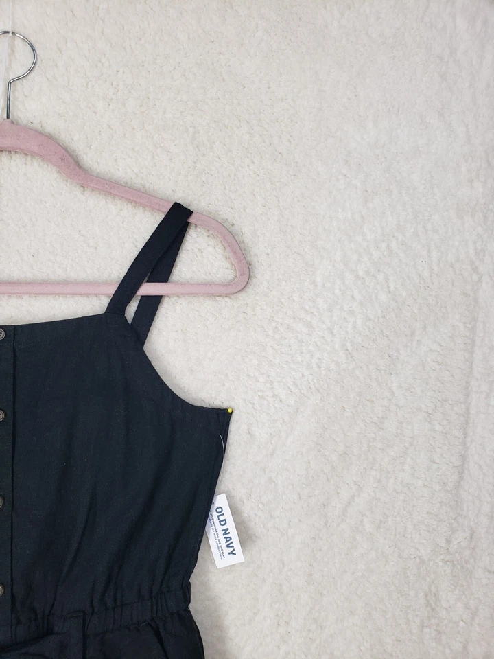 Mameluco antiguo azul marino para niñas extra grande negro mezcla de lino sin mangas acampanado pierna corta Foto 3 de 4