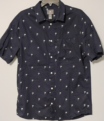 H&M Button Shirt Palm Tree Mens M Short Sleeve Pocket Blue White Cotton