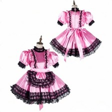 French Maid Girl Sissy Lockable Pink Satin Dress cosplay costumes Tailor-made