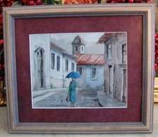 FRAMED SIGNED ORIGINAL WATERCOLOR OLD EUROPEAN VILLAGE ROAD CITYSCAPE BY ELOYZA