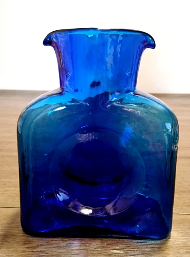 Blenko Glass Double Spout Water Bottle Cobalt Azure Blue #384 8 inch