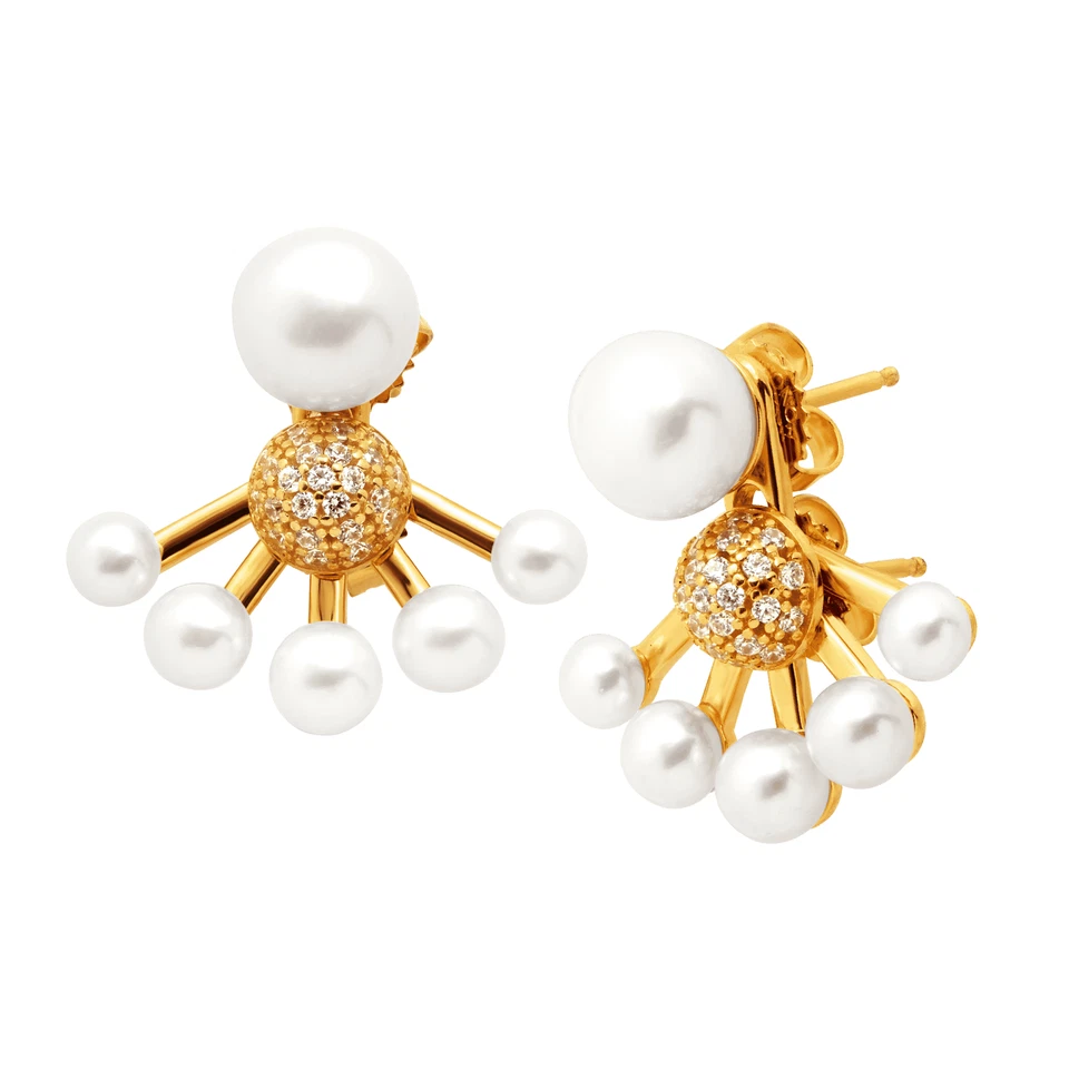 Brincos Jaqueta Pérola de Água Doce Honora Zircônia Cúbica Prata Banhada a Ouro 18KG