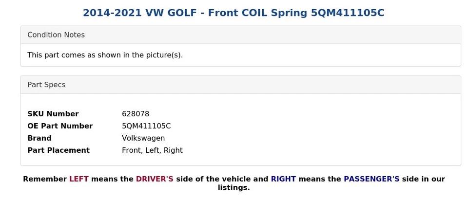 2014-2021 VW GOLF - Front COIL Spring 5QM411105C - Image 4 of 4