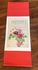 Original Hand-painted Chinese Traditional Ink Painting Scroll Pink Red Peonies