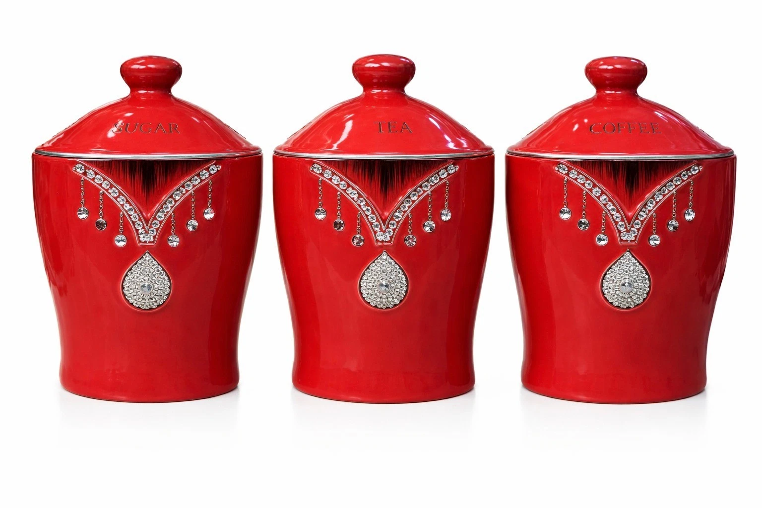 Set of 3 Red Ceramic Canisters Tea, Coffee, Sugar Jars Diamante Storage 17x13cm
Opens in a new windo