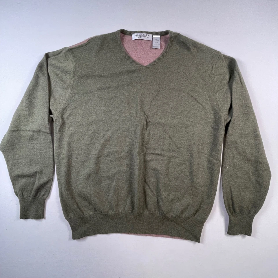 Henry Grethel XXL V-Neck Sweater Wool Blend Olive Green and Tan Accents - Image 3 of 4