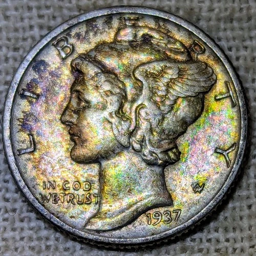 1937 Mercury Dime AU : Rainbow Tone, Almost Uncirculated - .9 Fine Silver Coin
